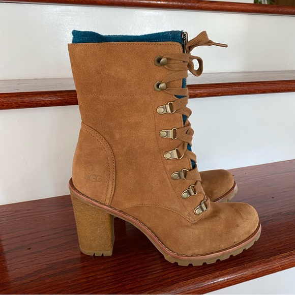 UGG Fabrice Lace Up Boots Rubber Heels Tan Suede Blue Wool 7 - Picture 2 of 10